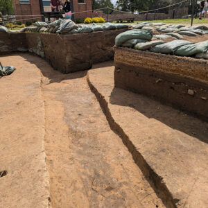 The 1608 palisade extension, with scored postholes seen in the foreground, is cut by a large rectangular feature. Because the feature cuts the palisade, it's newer than the palisade.