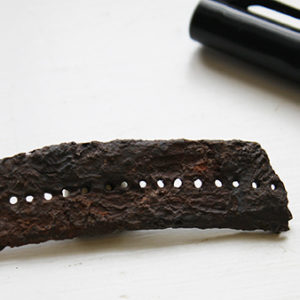 Buckler strap fragment next to a pen tip for scale