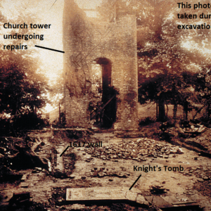 Historical photograph of church tower and excavations