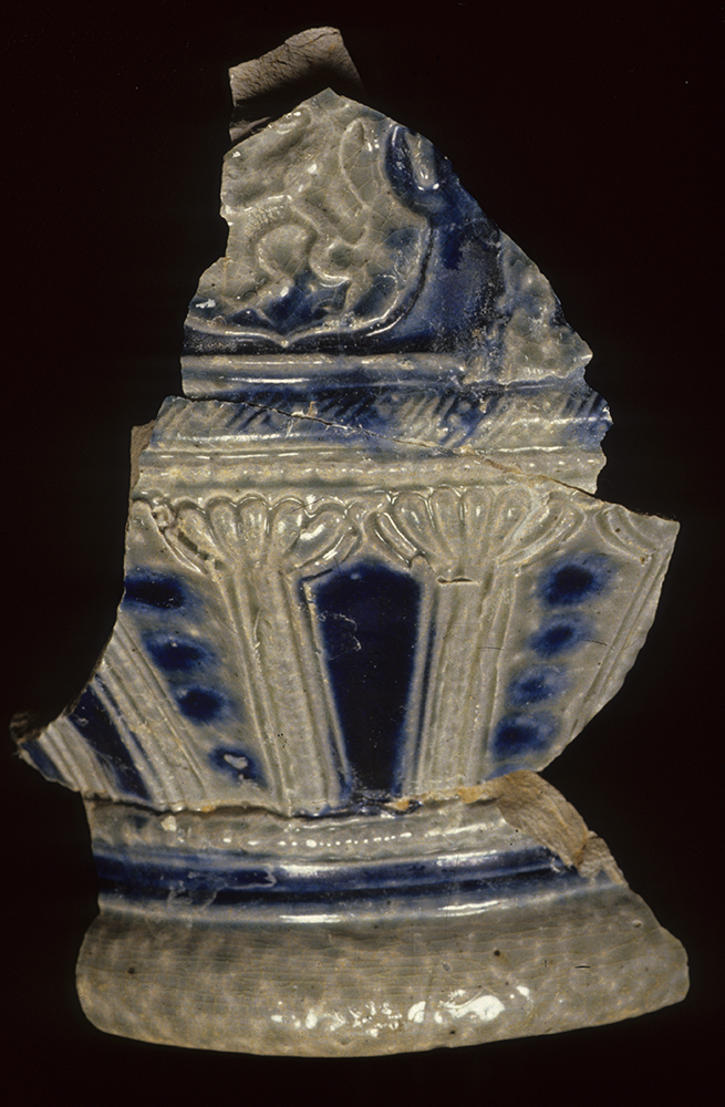 Broken blue and white stoneware vessel
