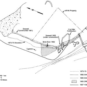 map displaying several shorelines and features along a bank