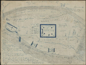 A Civil War-era map of Jamestown Island showing military structures. Special Collections Research Center, William & Mary Libraries.