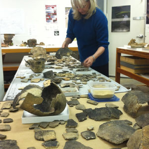 curator standing next to a table covered with ceramic sherds