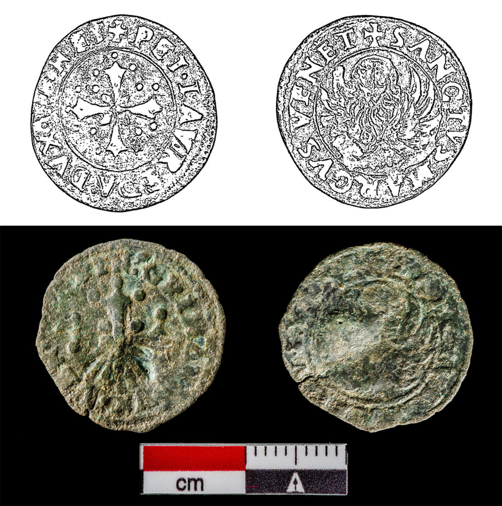 obverse and reverse of a copper alloy coin with black and white sketch of imagery above