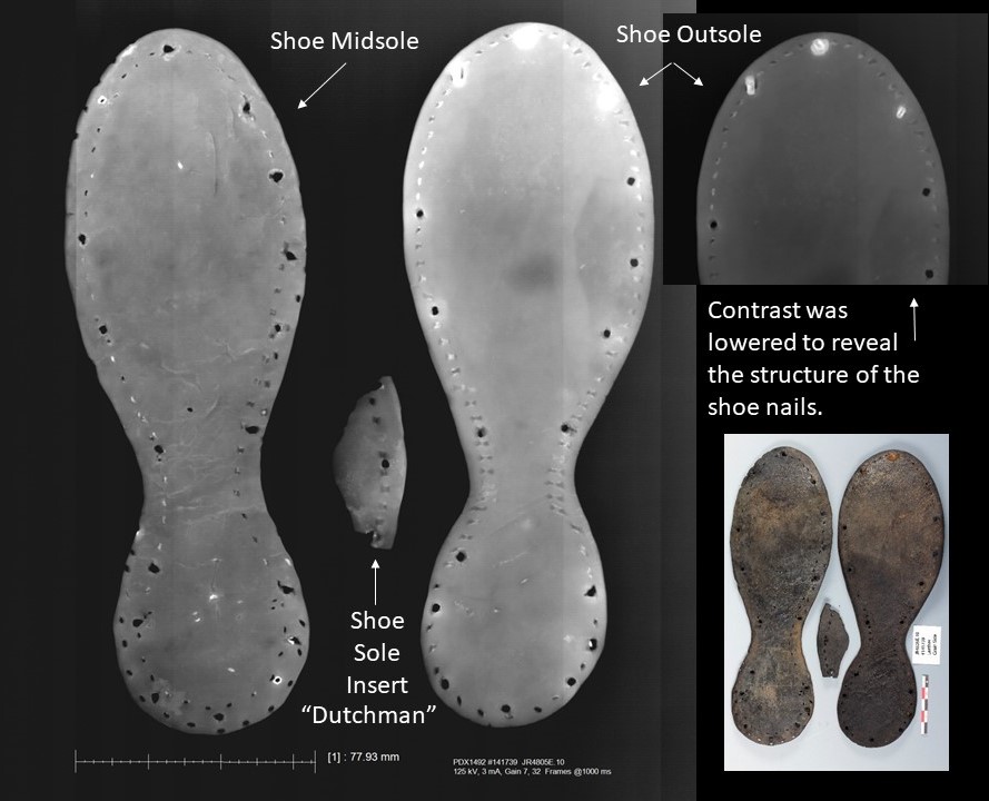 X-radiograph of the shoe outsole, insole and "Dutchman" revealing a third hobnail. A line in the top right image matching the curvature of the "Dutchman" shows its placement within the completed shoe. The slightly darkened area matching the same curvature on the outsole in the x-ray image reveals this location as well.