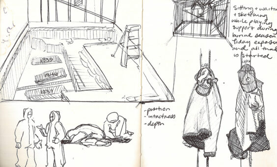 Sketches of the 2024 burial excavations of the 1607 burial ground by Archaeological Field Technician Eleanor Robb