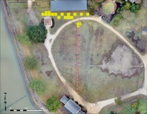 The proposed line of 5' x 5' excavation squares across Smithfield is in orange. The team is looking for burials and any other archaeological resources in this previously-unexcavated area. The Archaearium museum is at the top of the image; the Dale House Cafe is at the bottom. Previously excavated areas (2024) are in yellow.