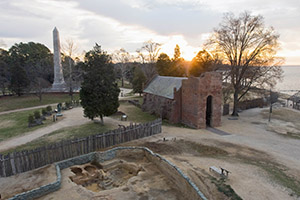 Sunrise over Jamestown with blacksmith shop/bakery excavations in the foreground