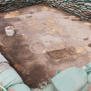 Excavation unit lined with sandbags and containing a variety of features