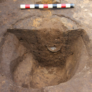 Bisected posthole with half of a buried glass vessel visible in the feature wall