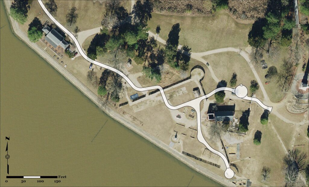 A birds-eye-view photo of James Fort and Jamestown. The proposed new pathway is overlain on the image in white with a black border. The pathway snakes through the Fort and across the site.