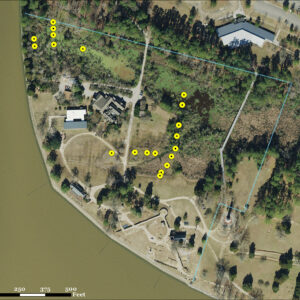An aerial photograph with the locations of vibracore samples in yellow. Preservation Virginia property line is in blue.