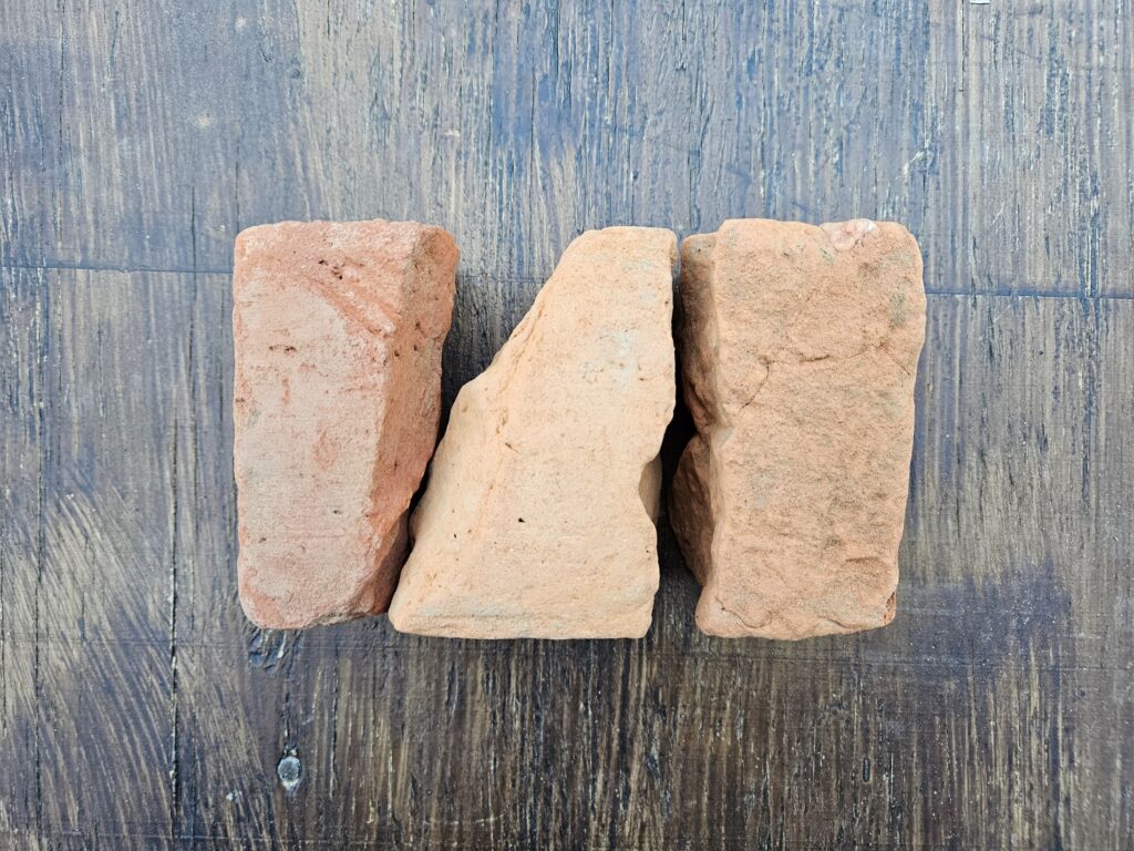 Three irregularly triangular-shaped bricks are lying on a wood table
