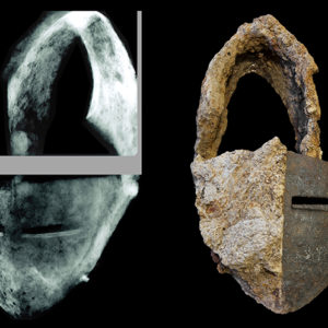 x-ray and photograph of an iron helmet