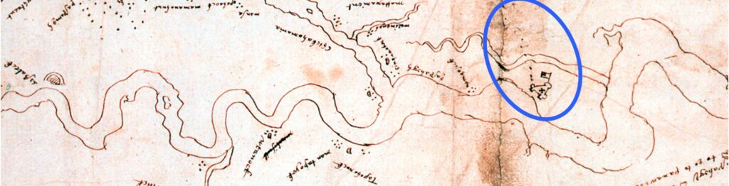 A close-up of a map drawn in 1607, showing the James River and the associated Indigenous villages and James Fort