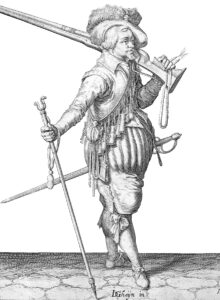 Musketeer with bandolier and bandolier cylinders. Jacob de Gheyn II. Wapenhandelinghe van Roers Musquetten ende Spiessen. 1607.