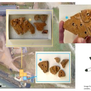 Sherds of a fuming pot found in 1997 (yellow) and in 2021 (blue).