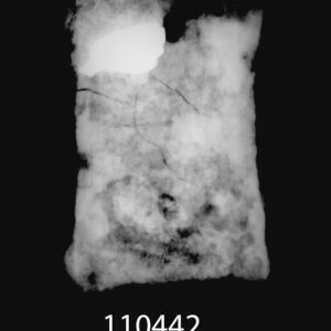 An x-ray of the lead seal and iron hinge, stuck together because of corrosion. The lead seal can be seen as white near the top left, white meaning the x-rays didn't penetrate the dense metal.
