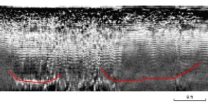 A scan of the acoustic data collected by the sub-bottom profiler. Red lines towards the bottom of the scan indicate "hard returns." 