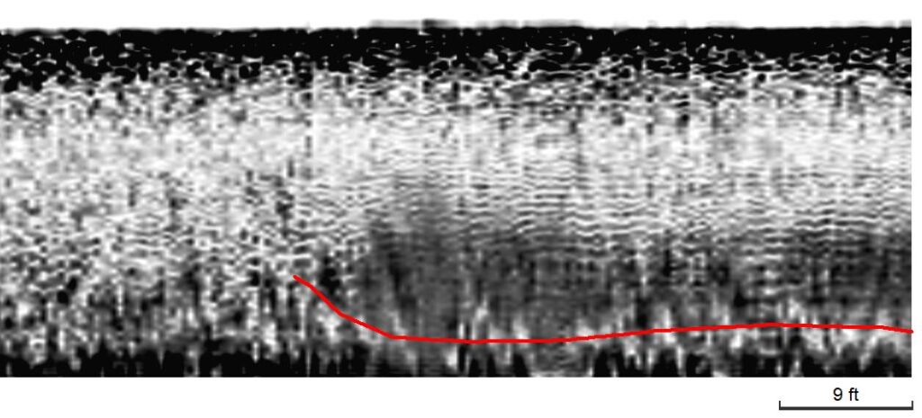 A scan of the acoustic data collected by the sub-bottom profiler. Red lines towards the bottom of the scan indicate "hard returns." 