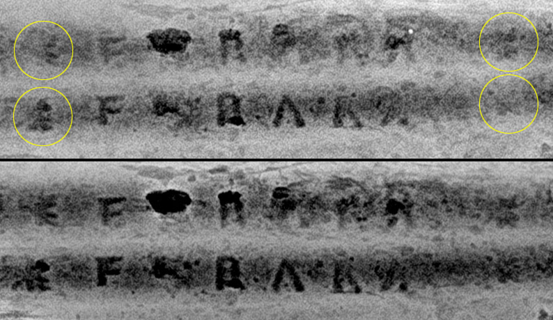 A photo-comparison of the pre-conservation mark (top) and the post-conservation mark (bottom). Note mysterious marks before and after the name (circled in yellow in the top image).