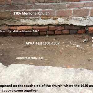 Notated excavated features including brick church foundation