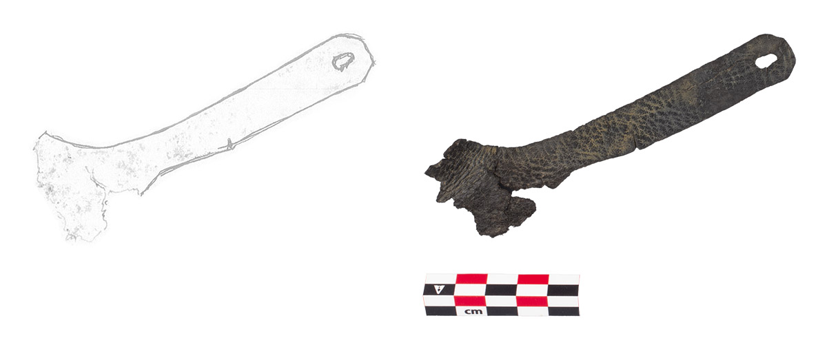 Drawing and photograph of a leather shoe latchet excavated from the Governor's Well