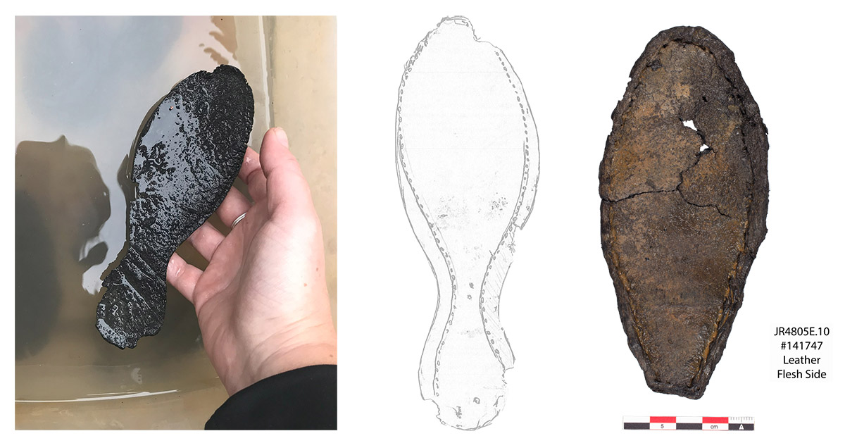 Outsole (Left: #141743) and insole (right: #141747) seen after excavation, and drawn (middle). The insole was not drawn because it was too fragile to handle before conservation. Thanks to D.A. Sagudo for the drawings, measurements, and observations about the shoes, made only a few weeks after excavation while the shoes were still wet at the Jamestown labs.