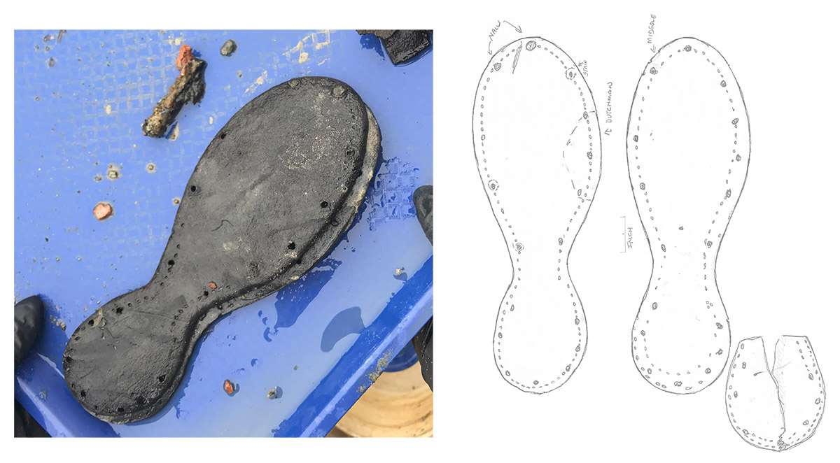 The second shoe (#141739) as it came out of the well. The outsole (visible on top) and midsole were attached by two hobnails. A remnant of a third hobnail eventually fell out of a nail hole during conservation. Saguto's drawings show the outsole, insole and the heel fragment with a diagonal slice to better fit the heel of the full soles.