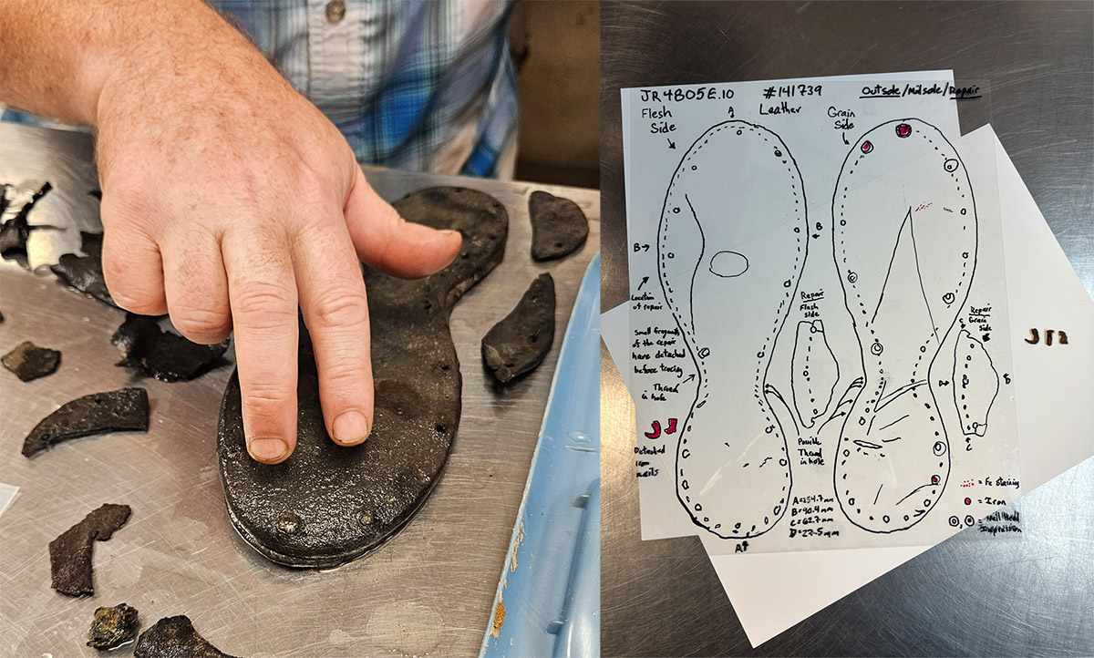 Left: The shoe (#141739) with a conservator pointing to the location of two hobnails. Right: Mylar tracings of the flesh and grain sides of the shoe outsole and "Dutchman" with locations and profiles of the hobnails in red. The hobnails from the shoe are to the right of the Mylar sheet.