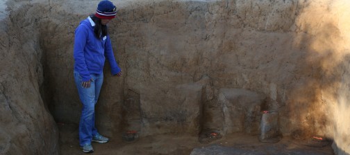 Archaeologist indicating features in an excavation unit wall