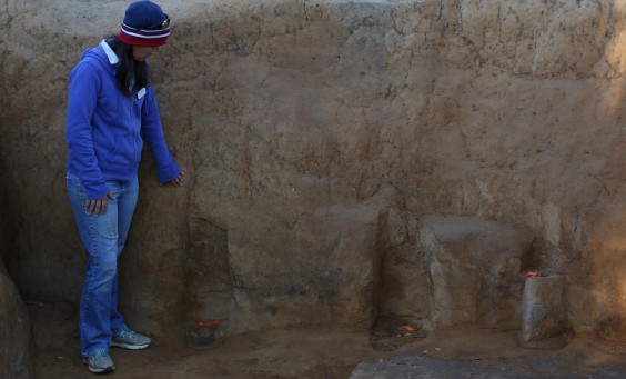 Archaeologist indicating features in an excavation unit wall