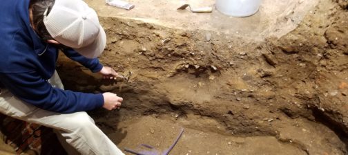 archaeologist using a trowel to scrape soil from a unit wall
