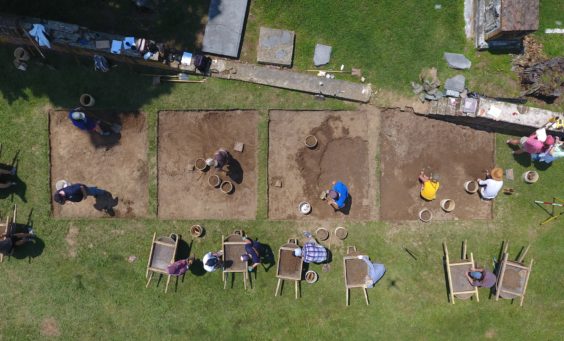 Aerial view of four excavation units