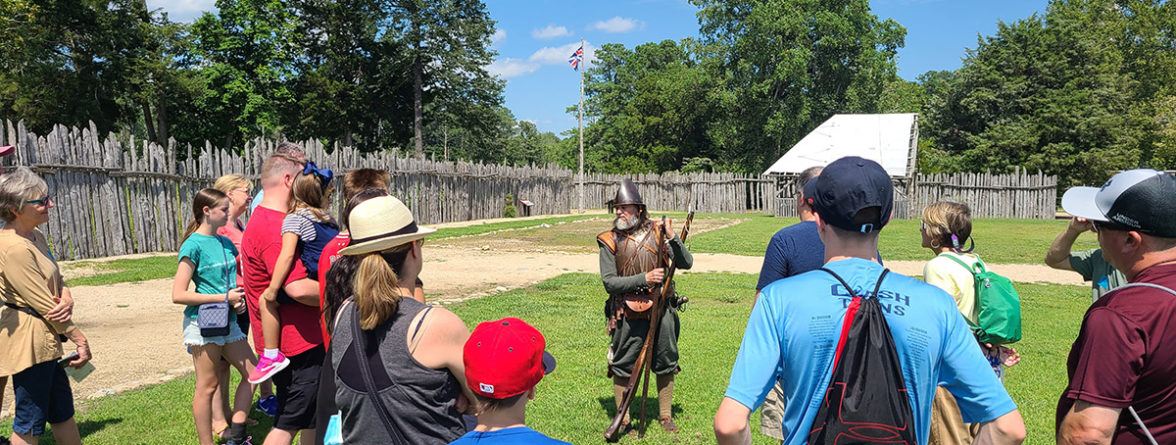Colonist Anas Todkill gives a tour of Jamestown