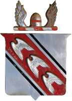 Wingfield’s coat of arms consists of three pairs of silver wings on a red diagonal stripe.