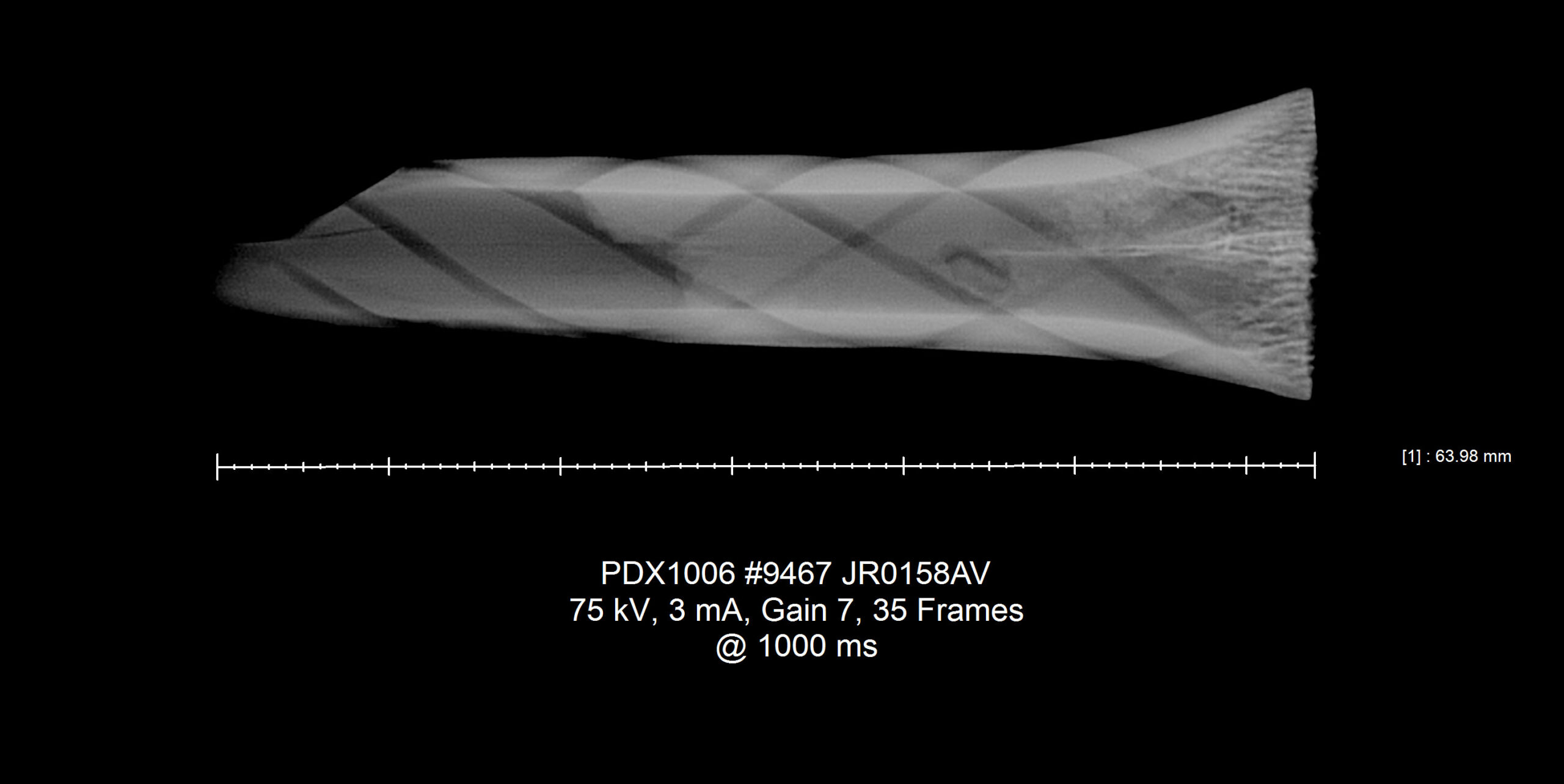 An X-ray of a knife's bone handle in the Jamestown collection.