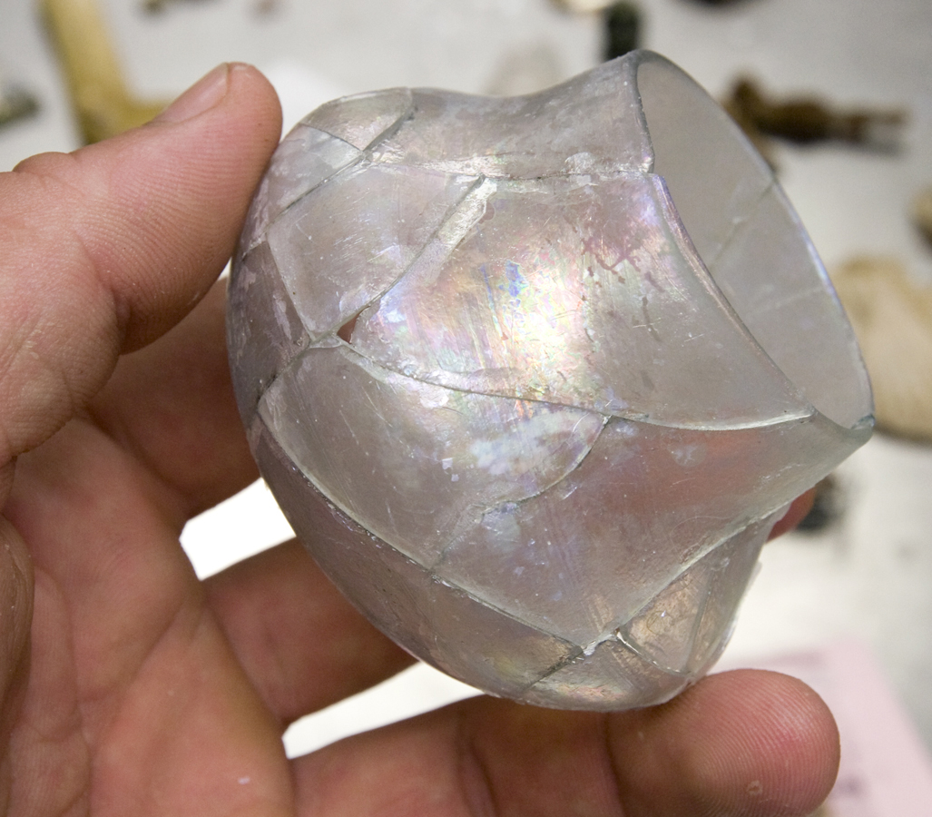 Researcher's hand holding small globular clear cupping glass