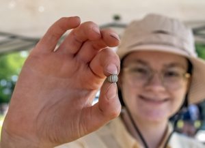 Field school student Julia Spencer holds a gooseberry bead found at the cellar excavations.