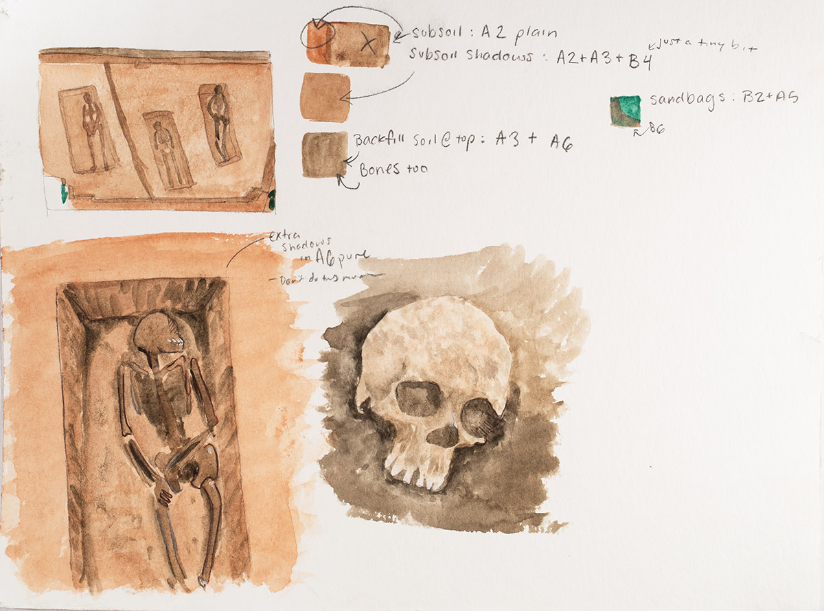 Test watercolor sheet used to determine colors in burial excavation illustrations. Painting by Archaeological Field Technician Eleanor Robb.