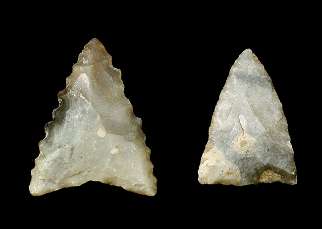 Two triangular English flint points