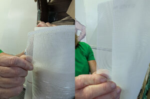 Collections Assistant Lindsay Bliss holds both the 1mm screen (left) and the 0.5mm screen (right) in this combined photo. The recovery rate of the test poppy seeds jumped to 95% after the switch to the 0.5 mm screen in the float tank.